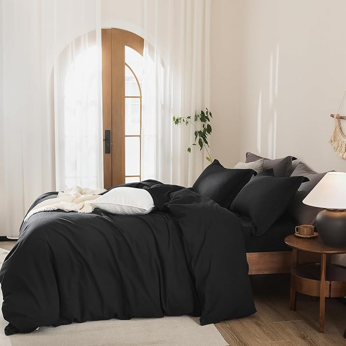 Black Duvet Cover Super King Size 100% Washed Cotton Bedding Set Cover 1 Duvet Cover with Zipper Closure and 2 Pillowcases, 108inch x 98inch