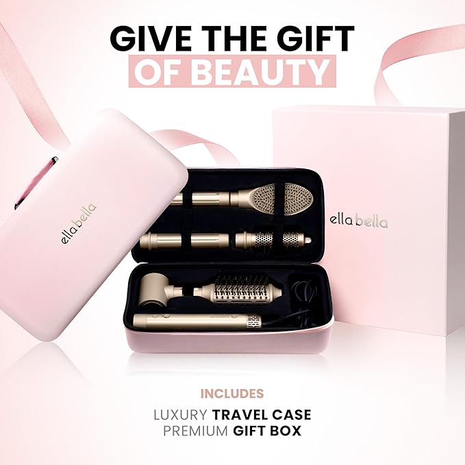 ELLA BELLA® 6 in 1 Professional Hot Air Styler • Powerful Hair Dryer & Straightener Set • Styling Without Heat Damage • Fast Drying Curling Volumizing Straightening • Includes Protective Travel Case