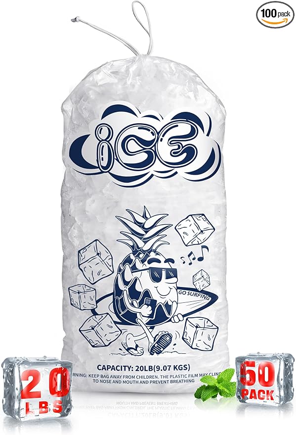 50 Pack Ice Bags 20 lb with Drawstring, Heavy-Duty Ice Bags for Ice Machine(2 Mils Thickness)