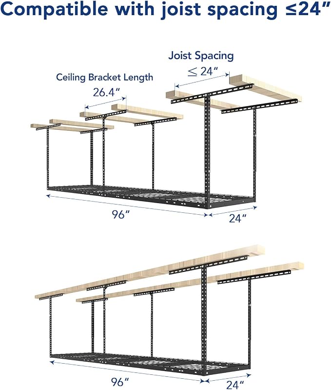 FLEXIMOUNTS 2x8 Overhead Garage Ceiling Storage Rack Organization, Black | 400lbs Weight Capacity, 22"-40" Adjustable Organization System, Heavy-Duty Metal Ceiling Racks, Classic Series