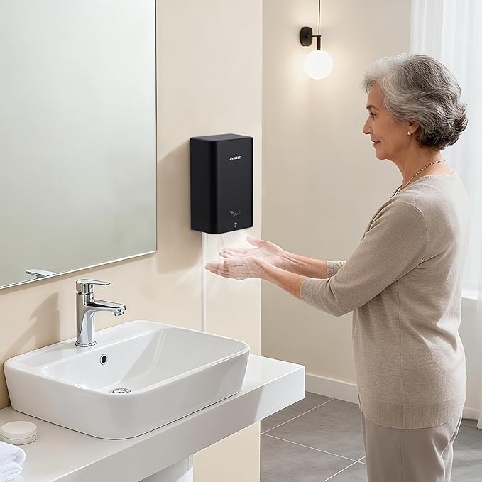 AIKE Compact Hand Dryer for Home Bathroom, Cover ABS Polycarbonate Design, 110V Black Model AK2822