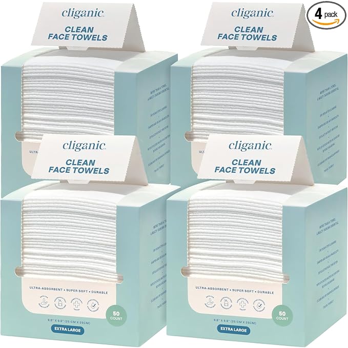 Cliganic Clean Face Towels XL, Bulk Size (200 Count), Disposable, Ultra-Absorbent, Hypoallergenic & Soft - Makeup Remover Dry Wipes, Pamper Your Face, Hygienic Towelettes, for All Skin Types