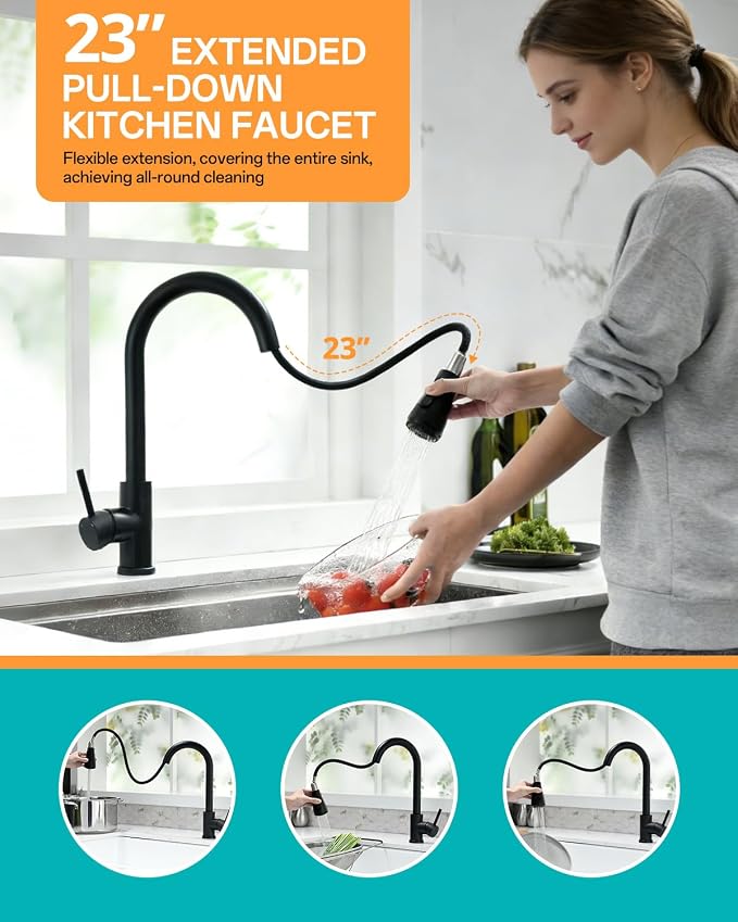 Kicimpro Matte Black Kitchen Faucet with Pull Down Sprayer, 304 Stainless Steel, 23-Inch Extended Hose Design, Three Water Functional Ways, Easy Installation | 304 Stainless Steel,10-Min DIY Install,23-Inch Pull-Down Hose,2-Function Spray,360° Swivel S...