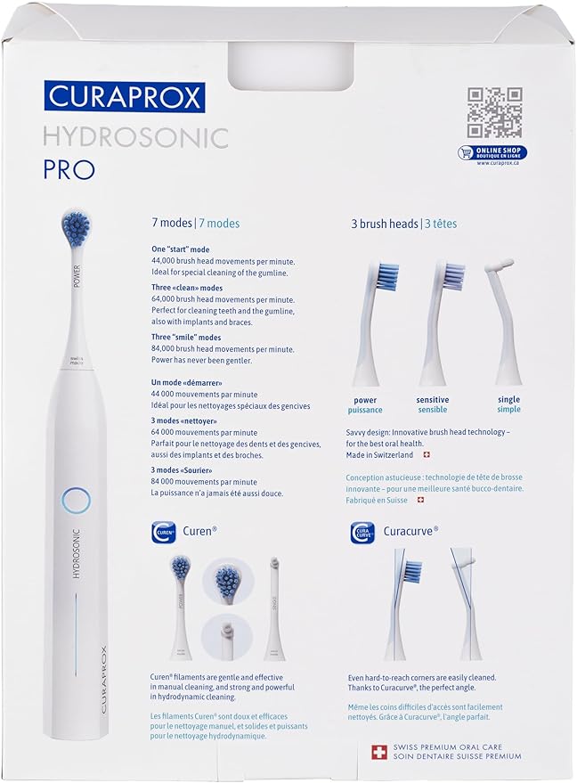 Curaprox Hydrosonic Pro Sonic Toothbrush – for Sensitive Teeth, Implants and Braces | Professional Cleaning at Home | Set with Three Brush Heads