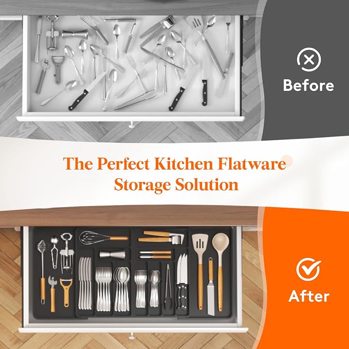 Lifewit Silverware Drawer Organizer, Expandable BPA Free Plastic Utensil Tray for Kitchen, Adjustable Flatware Cutlery Holder for Spoons Forks Knives, 21.3- 36 x 16.9", Black