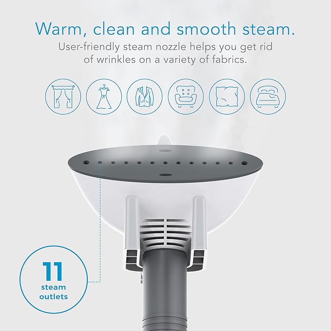 Steamfast SF-407 Canister Fabric Steamer, With Telescopic Pole and Fabric Brush, 45 Second Heat Up Time, Chemical-Free Steam, Clothes Hook, Fabric Brush, 40-Ounce Water Tank, White