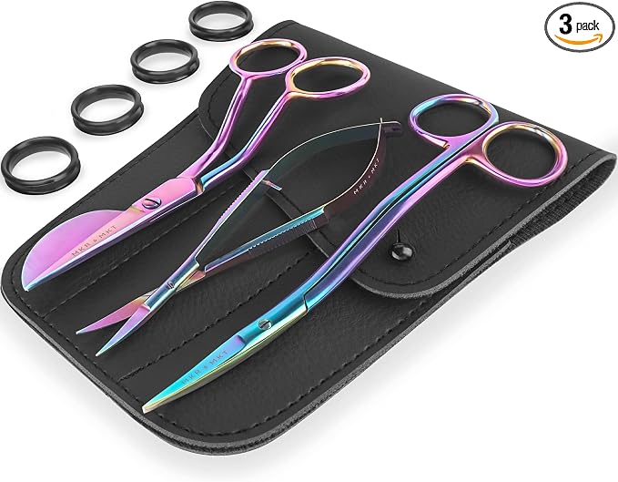 Premium Embroidery Scissors Set of 3 Kit - Double Bent Offset Duckbill, Spring Action Curved Blade and Double Bend Long Applique Needlepoint with Pouch Sleeve (Rainbow)