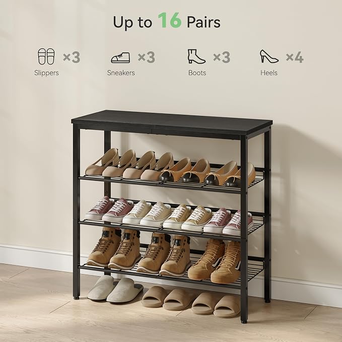 Nunsino Shoe Rack for Closet,4 Tier Shoe Organizer for Entryway,Shoe Shelf with Storage Shelves and Spacious Top,Max Holds 16 of Shoes,Black