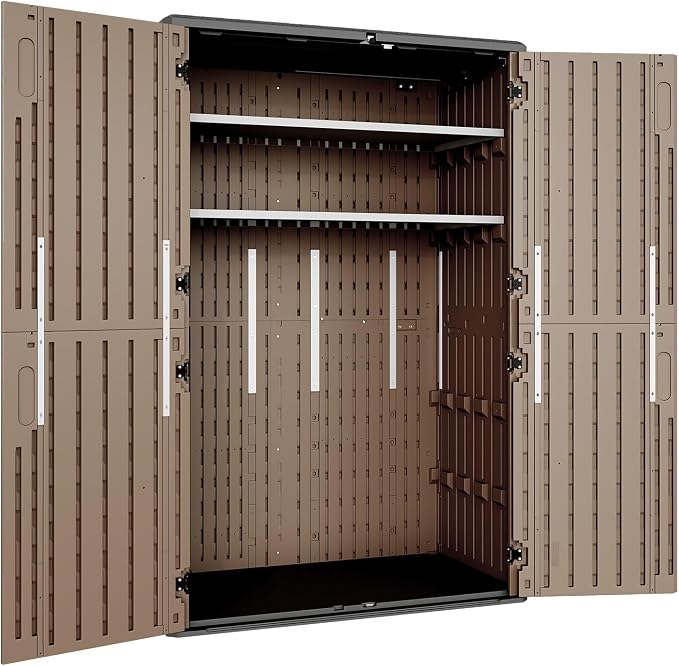 Aoxun Outdoor Storage Shed with 2 Shelves & Floor, 64 Cu.Ft Storage Cabinet | Large Outdoor Waterproof Vertical Resin Shed for Garden Tools, Pool Equipment, Brown