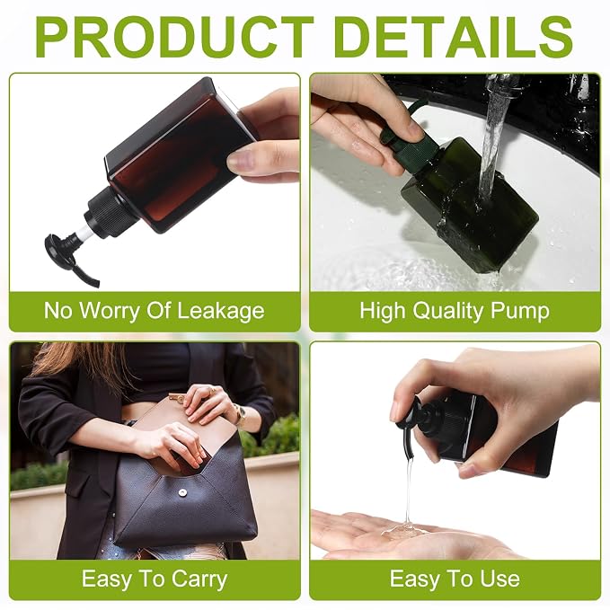 Domensi 12 Pcs 100ml /3.4 oz Pump Bottle Mini Travel Bottles Small Dispenser Containers Plastic Pump Lotion Dispenser Empty Square Travel Size Containers Toiletries (Green,Brown)