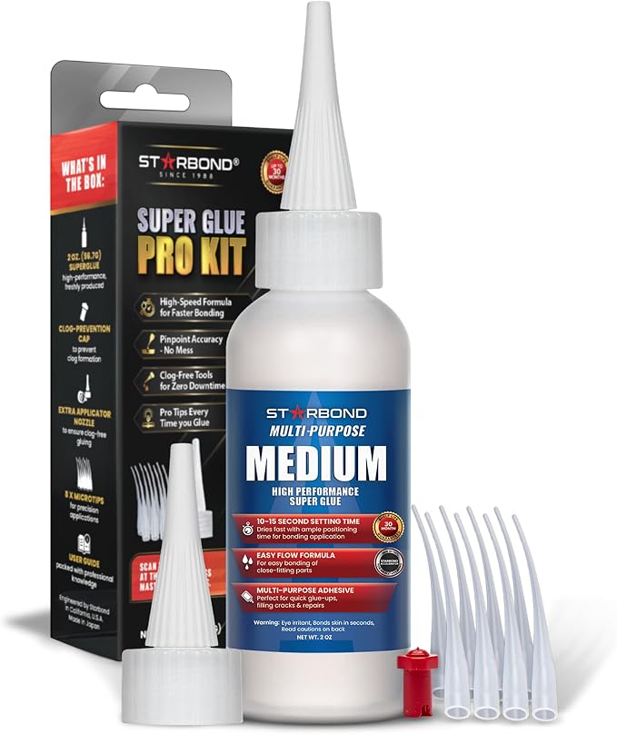 Starbond Medium Super Glue Pro Kit (2 oz) – Strong, Fast, All-Purpose CA Glue (Cyanoacrylate Adhesive) – with Anti-Clog Cap, Precision Tips & Extra Nozzles for Woodworking, Quick Fixes & Hobby Models
