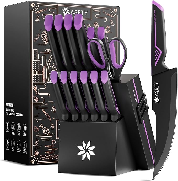 ASETY Knife Set, 15 PCS Kitchen Knife Set with Built-in Sharpener Block | Razor Sharp, Dishwasher Safe knives, Stainless Steel Knife Block Set, Ergonomic Non-Slip Handle, Elegant Box for Men Women