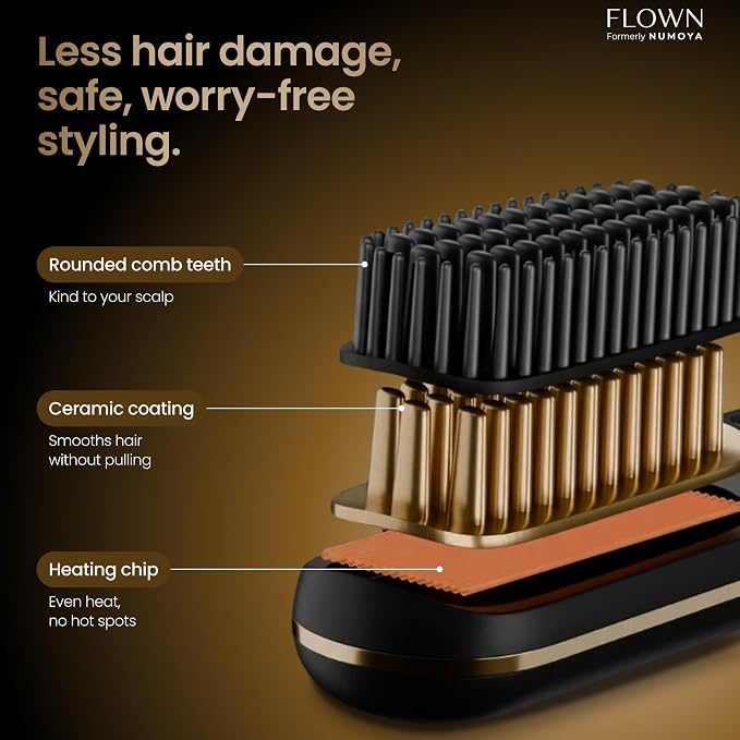 FLOWN® Original Go Brush MAX [Five Minutes Hair Styling Routine] - No Damage Heat Brush with USB-C Charger - Electric Travel Pocket Brush for All Hair Types - Black (Formerly Numoya)