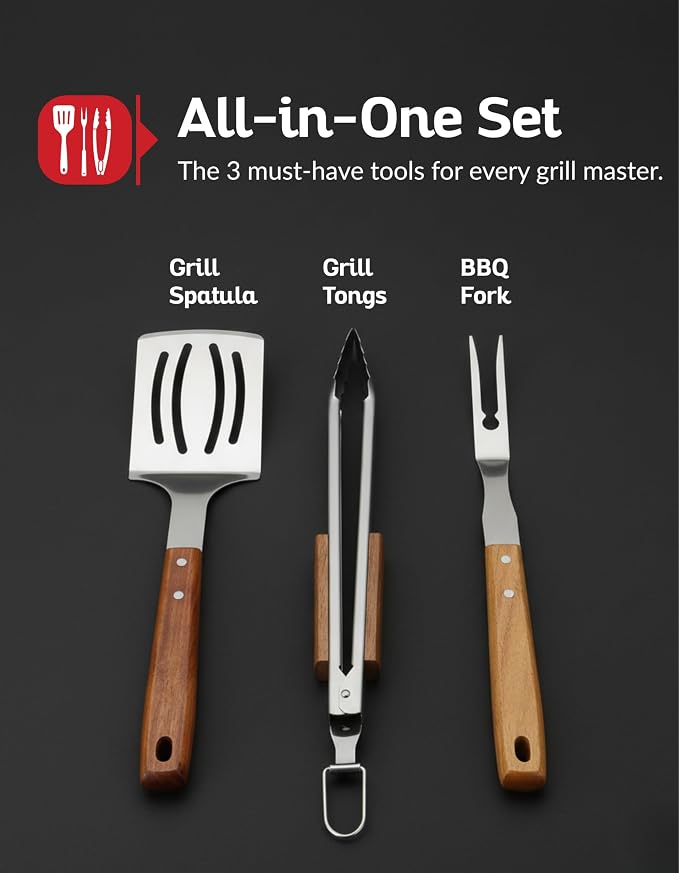 Professional Acacia Wood BBQ Tool Set (3 PCS) - Heavy Duty Stainless Steel Grill Accessories Kit with Spatula, Fork & Tongs - Durable Barbecue Utensils for Outdoor Cooking & Grilling