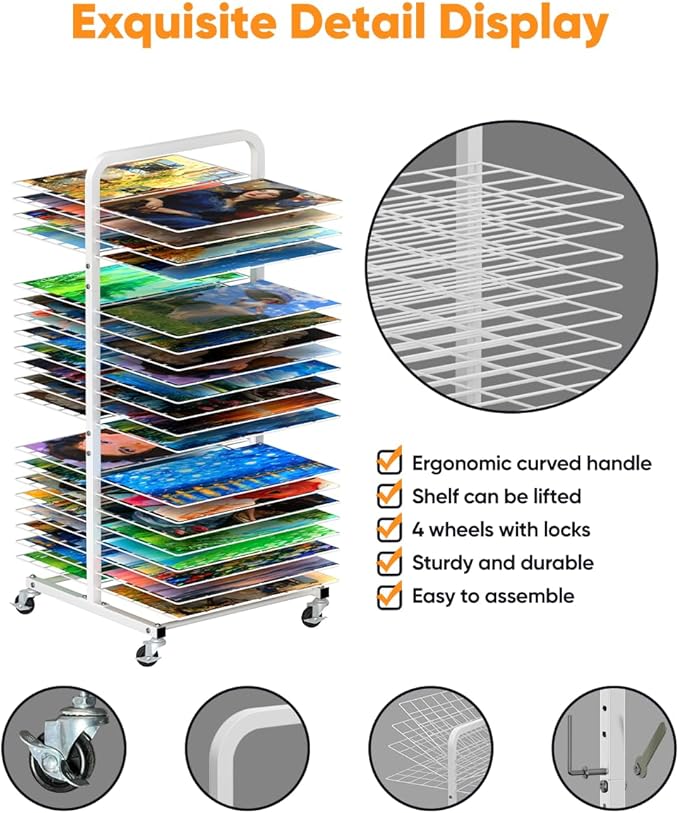 Art Drying Rack with 40 Removable Shelves, Mobile Metal Paint Drying Stand with Lockable Wheels, Functional Canvas Rack Art Storage for Artwork in Classrooms, Art Studios and Schools, White