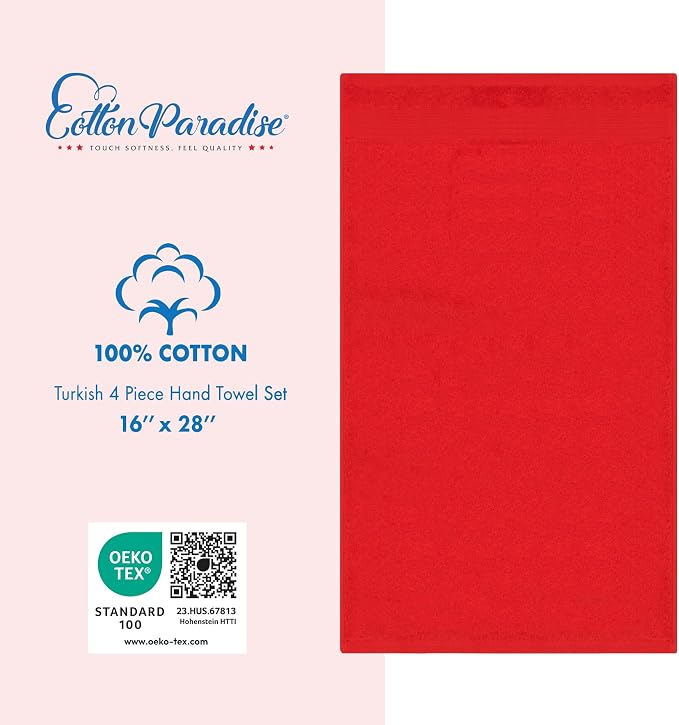 Cotton Paradise 100% Cotton Turkish Towel Set, Soft Absorbent Quick Dry, 4 Piece Hand Towel Set, Red