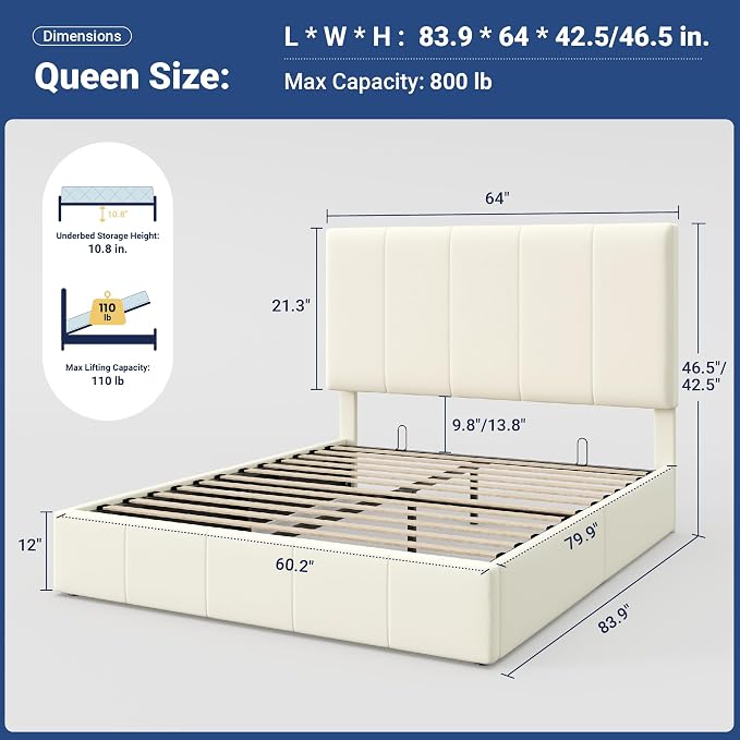 Allewie Queen Size Velvet Lift Up Hydrualic Storage Bed Frame, Cream | Vertical Channel Tufted Headboard, Hydrualic Underneath Storage, Upholstered Platform Bed, No Box Spring Needed