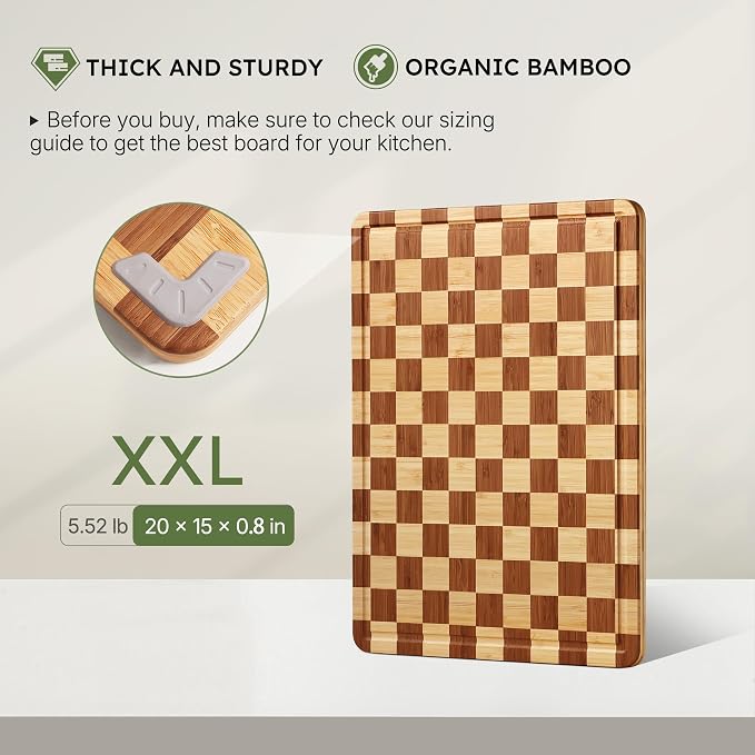 20”Extra Large Bamboo Cutting Boards for Kitchen Wooden Checkered Cutting Board Heavy Duty Butcher Block Juice Groove Non Toxic End Grain Charcuterie Board Serving Non Slip XXL Wood Chopping Board