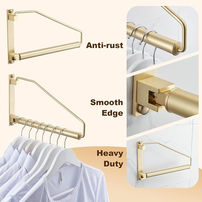 Folding Clothes Hanger Gold Brushed Drying Clothes Rack Wall-Mounted Space Saver for Laundry Room Closet, Brass, 12 Inch