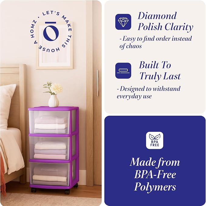 HOMZ 2-Pack Drawer Tower, 3-Tier Clear Plastic Storage Organizer Cart, Purple Frame - Organizing Containers with Wheels for Home, Bathroom, Bedroom, Office, and Classroom