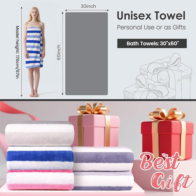 JML Bath Towels Set, 2 Pack, 30" x 60", Cabana Stripe Blue | Hanging Loop, Lint Free, Oversized, Soft, Super Absorbent,Fast Drying, Perfect for Shower, Sauna, Gym, Sports, Fitness, Yoga