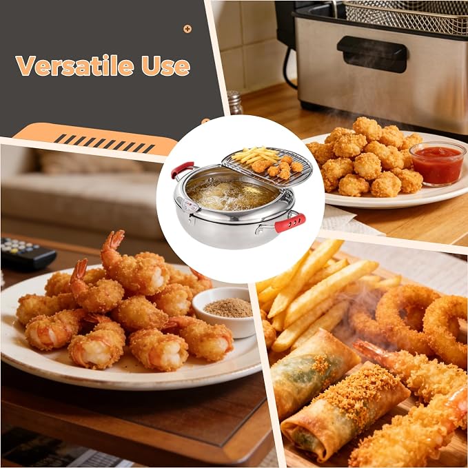 Deep Fryer Pot with Tongs, Stainless Steel Japanese Fryer with Temperature Control and Oil Drip Drainer Rack, Japanese Tempura Pot Set for French Fries Chicken Japanese Tempura (9.8 Inch)