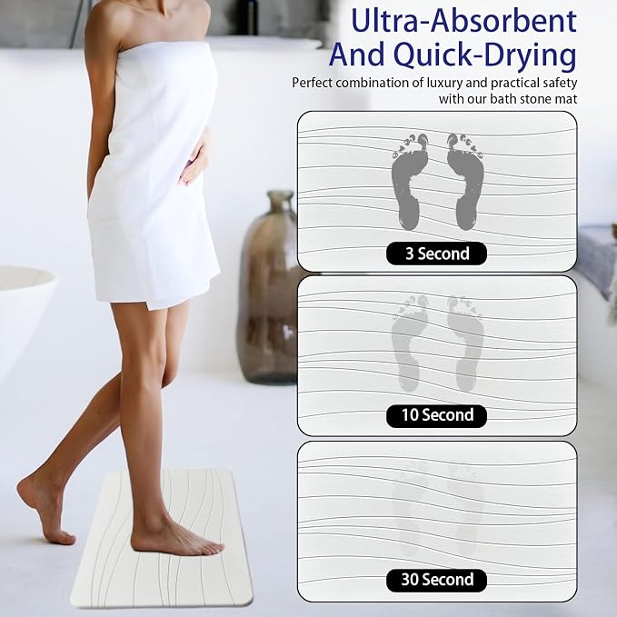 Fast Drying Stone Bath Mats for Bathroom, Non-Slip Diatomaceous Earth Bath Mat, Super Absorbent Bath Mat Stone (23.6''×15.4" White Flow)