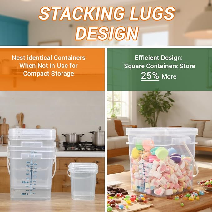 1 Gallon Food Storage Buckets with Lids, 4 Pack Square Clear BPA Free Plastic Containers with Handles and Labels for Pantry, Dry Goods, Meal Prep and Freezer