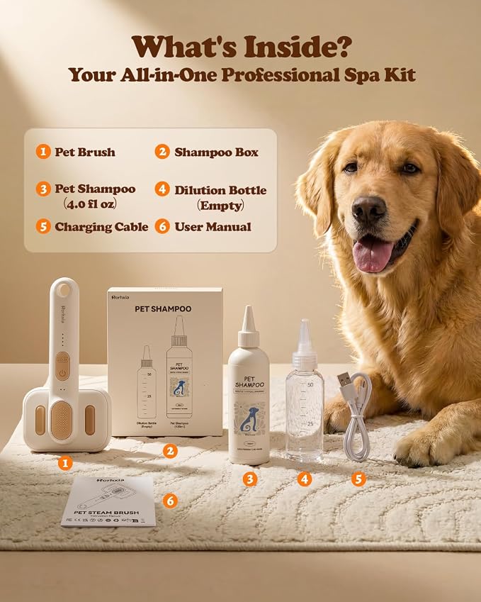 Rorhxia Steam Dog Brush for Shedding [Skin Friendly, Self Cleaning, 1*Shampoo, IPX7 Waterproof] Pet Pro Grooming Tool for Dog & Cat, Short/Long Hair, Poodle, Doodle, Bulldog, Golden, Labrador