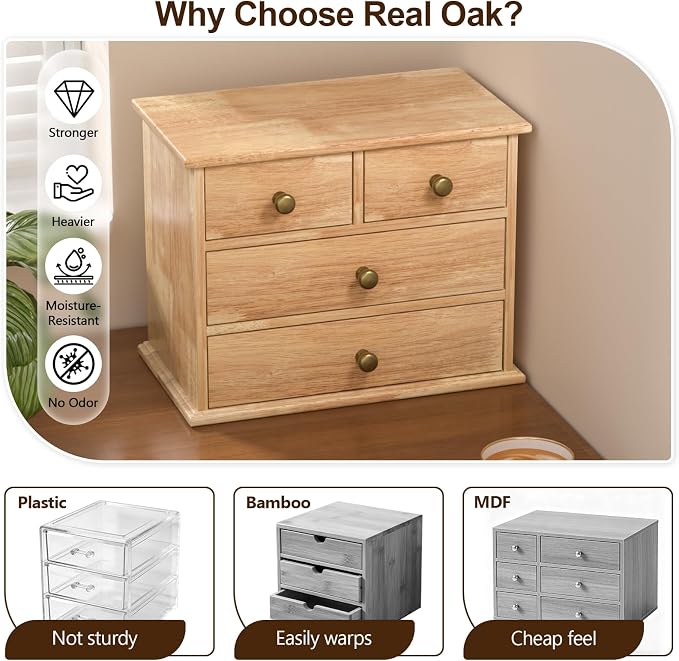 Oak Desk Organizer with Drawers, Wooden Desktop Storage Box with Metal Handles & Non-Slip Silicone Pads, 4 Drawer Tabletop Organizer for Office, Bedroom, Bathroom, Vanity, Makeup – Light Burnt Brown