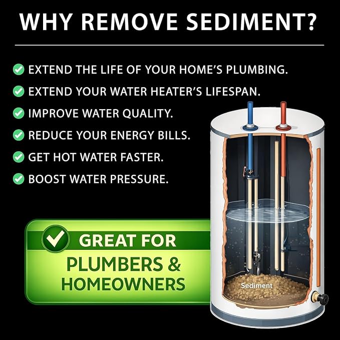 Sediment Gone™ Water Heater Sediment Removal Tool – Flushes, Cleans & Breaks Up Sediment Clogs in Electric or Gas Water Heaters – Easy DIY Water Heater Cleaning Tool