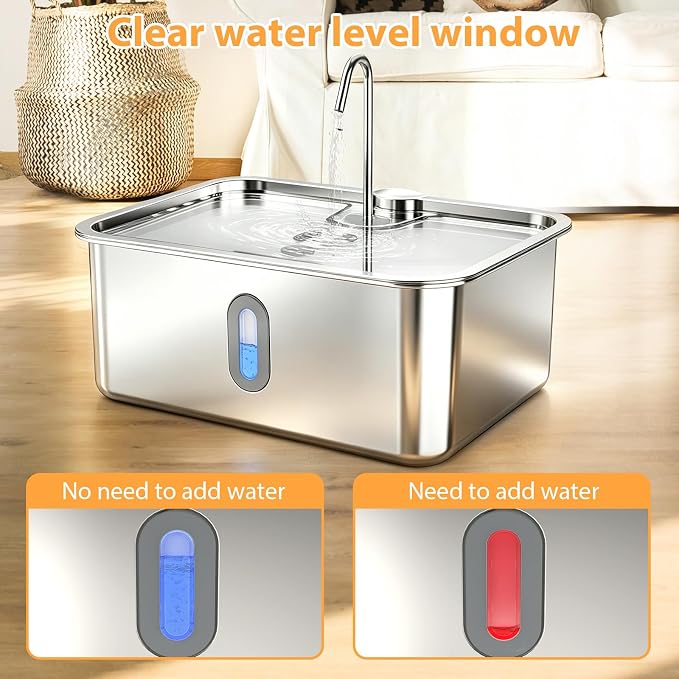 Dog Water Fountion for Large Dogs,18L/4.76 Gal Stainless Steel Automatic Pet Water Dispenser,Ultra Quiet Dog Fountain Water Bowl with Water Level Window & LED Light, Include 1Set Filter