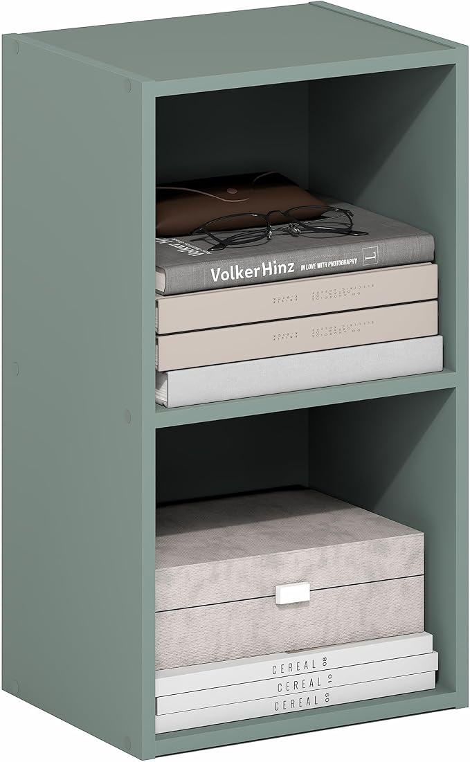 Furinno PASIR Book Shelf, 2-Tier Modern Bookshelf, Open Shelves Bookcase 9 x 12 x 21, Easy Assembly, for Living Room, Bedroom, Home Office, Sage Green