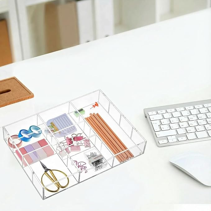 Briwooody Acrylic Drawer Organizer Clear Desk Drawer Organizer Trays with Adjustable Compartments Desk Accessories for Office Stationery Makeup Silverware Bathroom (Non Expandable)