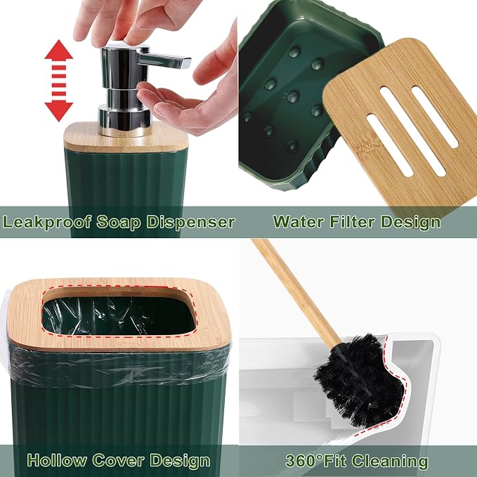 XLHOMO Dark Green Bathroom Set - Green Bathroom Accessories Set, 24PCS Bathroom Accessory Set with Shower Curtain, Bath Towels, Trash Can, Soap Dispenser, Green Bathroom Accessories for Home