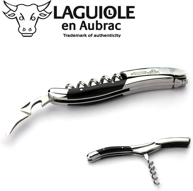 Laguiole En Aubrac Sommelier Waiter's Corkscrew, Buffalo Horn Handle, Wine Opener With Foil Cutter & Bottle Opener, Stainless Steel Shiny Bolsters