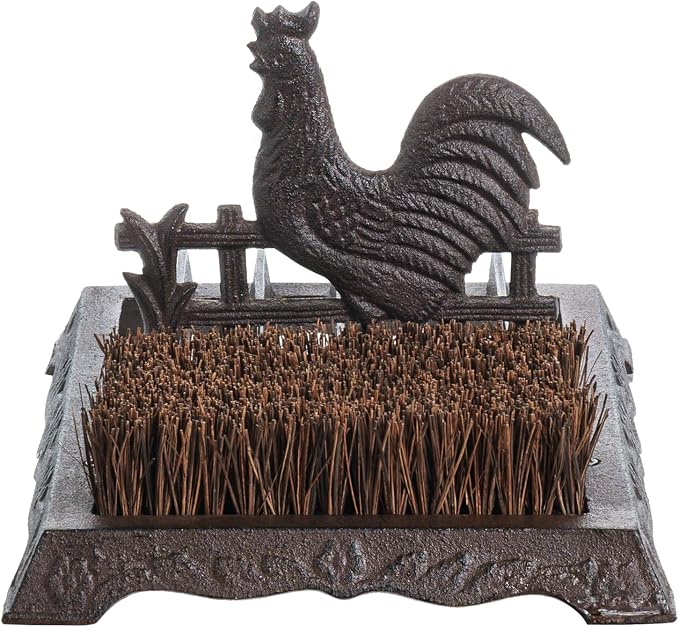 FARM IN Farmhouse Shoe Brush Scraper Outdoor Rustic Heavy Duty Cast Iron Boot Scraper with Brush for Home Porch Garden with Barn Rooster Design