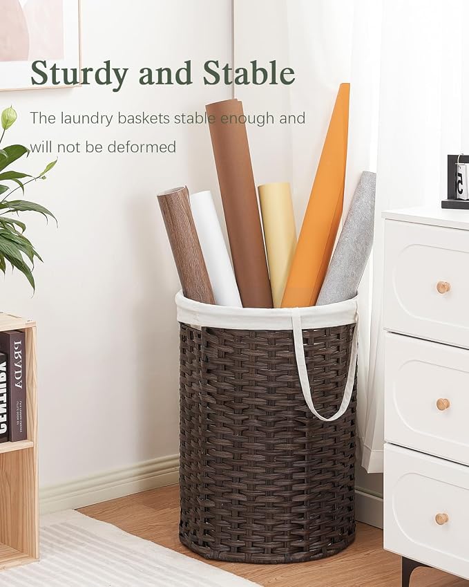 SETVSON Laundry Basket Round Rattan Laundry Hamper 29.1 Gal(110 L) Handwoven Large Wicker Basket with Handles, Wicker Hamper with Removable Bags and 2 Mesh Bags for Bathroom Living Room Brown(No Lid)