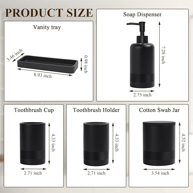 Bathroom Accessories Set, 6-Piece Bathroom Accessory Set, Toothbrush Holders Set, Soap Dispenser, Vanity Tray, Tumbler, Cotton Swab Jars, Bathroom Organizer for Modern Bathrooms(Matte Black)