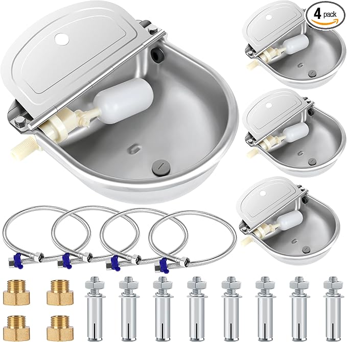 ToLanbbt 4PCS Automatic Animal Dispenser Horse Water Bowl with Float Valve Stainless Steel Goat Waterer Feeder Outside Water Trough for Livestock Auto Fill Dog Water Bowl with 1/2" Hose, Drainage Hole