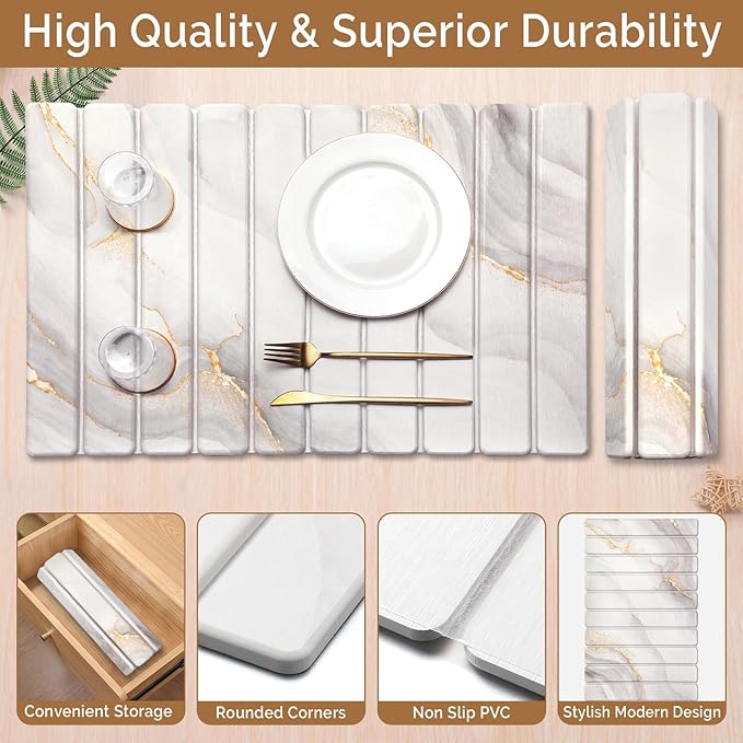 Large Stone Dish Drying Mat for Kitchen Counter,Quick Dry Stone Dishes Mats,Marbled Water Absorbing Diatomaceous Earth Drying Pad for Countertop Bottles Utensils Cups(Yellow White 24"x16"&8"x4")