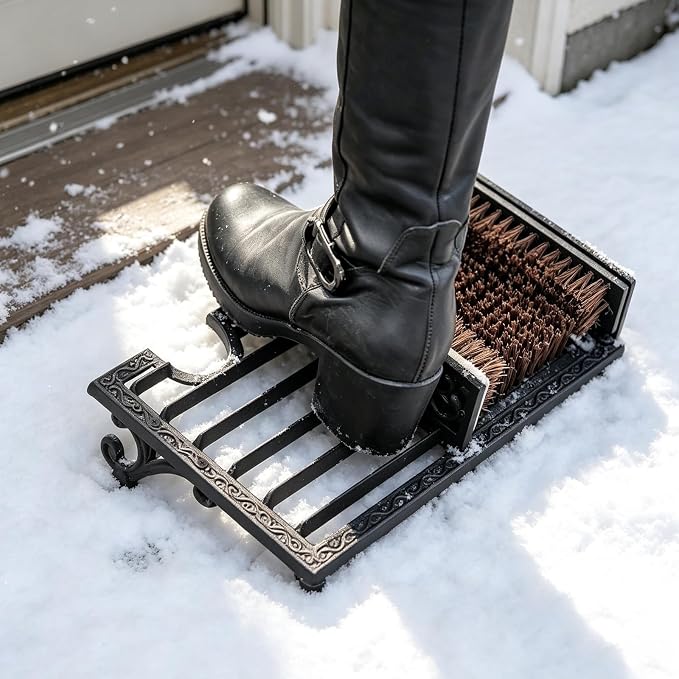 Cast Iron Boot Scrubber with Heel Remover & Brush | Black Heavy Duty Boot Scraper with Brush, Durable Outdoor Boot Cleaning Tool for Muddy Shoes for Porch Garage Entryway