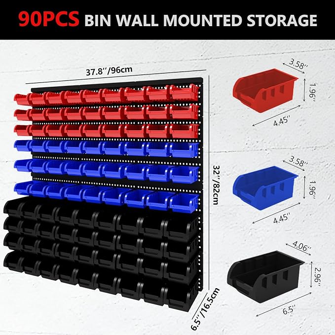 90Pcs Plastic Wall Mounted Storage Bins Parts Rack Nuts And Bolt Bins Organizer For Shop Garage for Screws, Nuts, Bolts, Nails, Beads, and Small Hardware Parts,Red,Blue,Black