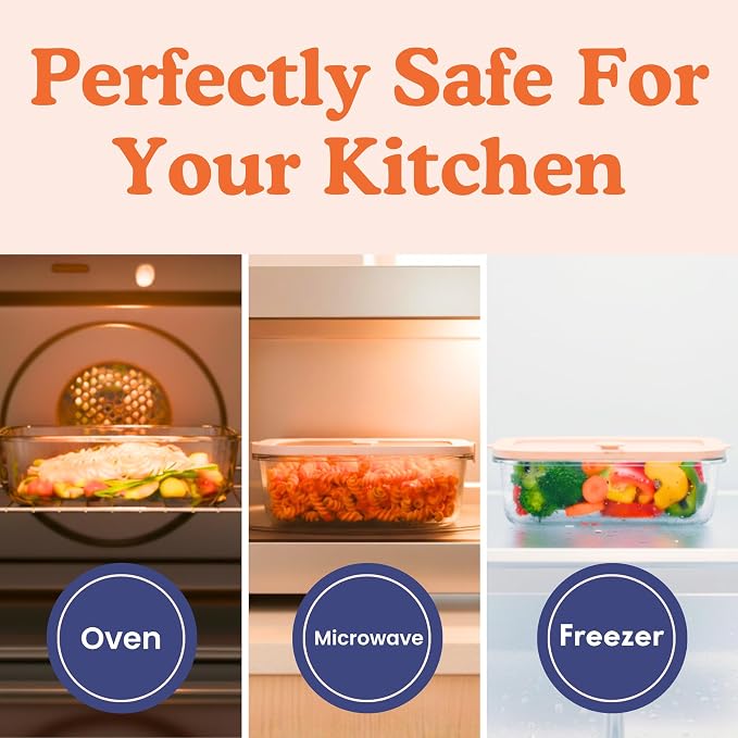 Non-Toxic Glass Food Containers with Lids, 4-Pack, Multi-Size, Beige | Plastic & BPA free. Glass body, glass lid & platinum silicone seal. Airtight & leakproof. Freezer & microwave safe.
