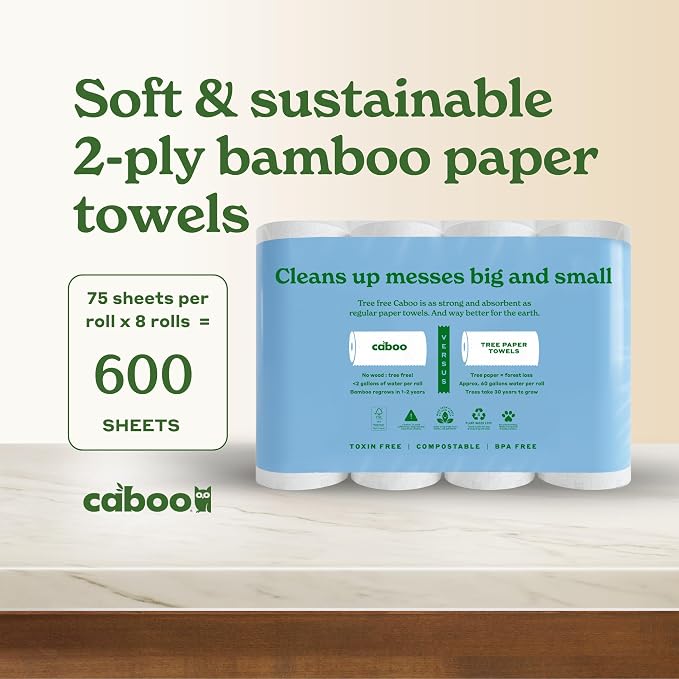 Caboo Tree Free Paper Towels, Sustainable, Toxin Free, 8 Family Size Rolls | Made with 100% Bamboo, Responsibly Sourced, Organically Grown, Chemical Free, Paraben Free, BPA Free, Hypoallergenic