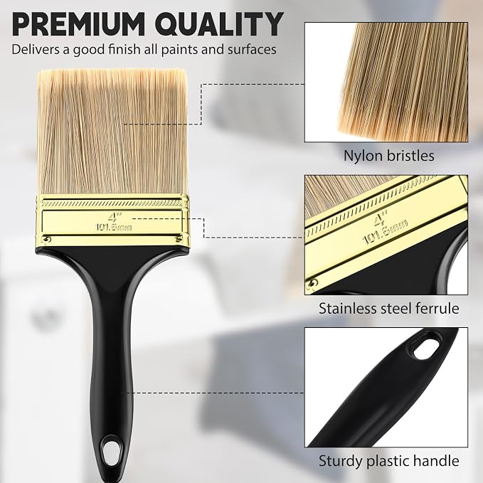 Teenyyou 16 Pcs 4 Inch Paint Brushes Flat Chip Paintbrushes Bulk with Treated Plastic Handles Professional Painting Tools for Paint Stains Deck Door Furniture Home Wall Trim DIY