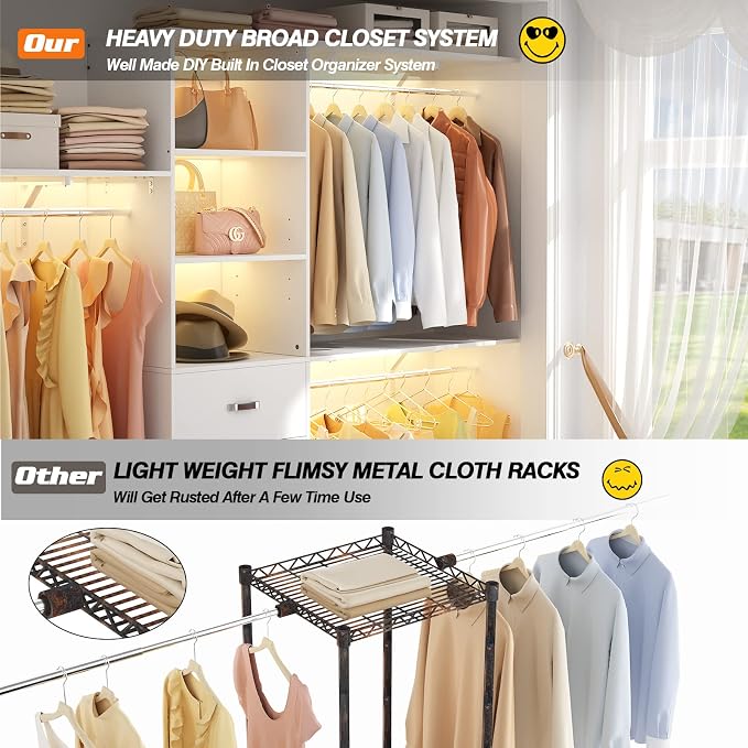 Armocity 96" Wood Closet System with 3 Enclosed Drawers & 3 Solid Shelves, 8FT Adjustable Closet Organizers and Storage, Heavy Duty Modular Wardrobe for Reach-In & Walk-In, 1000 LBS Load, White