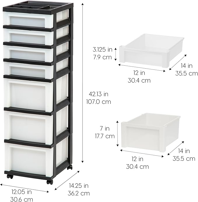 IRIS USA Plastic Drawer Storage Organizer Rolling Cart, with Wheels Casters, 7-Drawers, for Classroom Art Craft Supplies Dresser Closet Bathroom Laundry Room, Black/Pearl