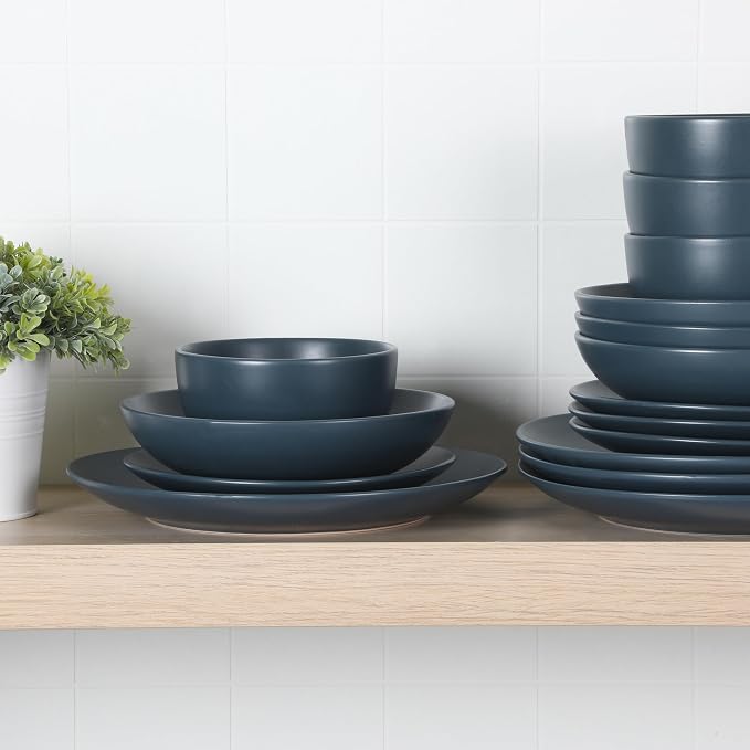 Gibson Home Queenslane 16-Piece Matte Blue Stoneware Dinnerware Set – Double Bowl Plates and Bowls, Durable Kitchen Dinner Set