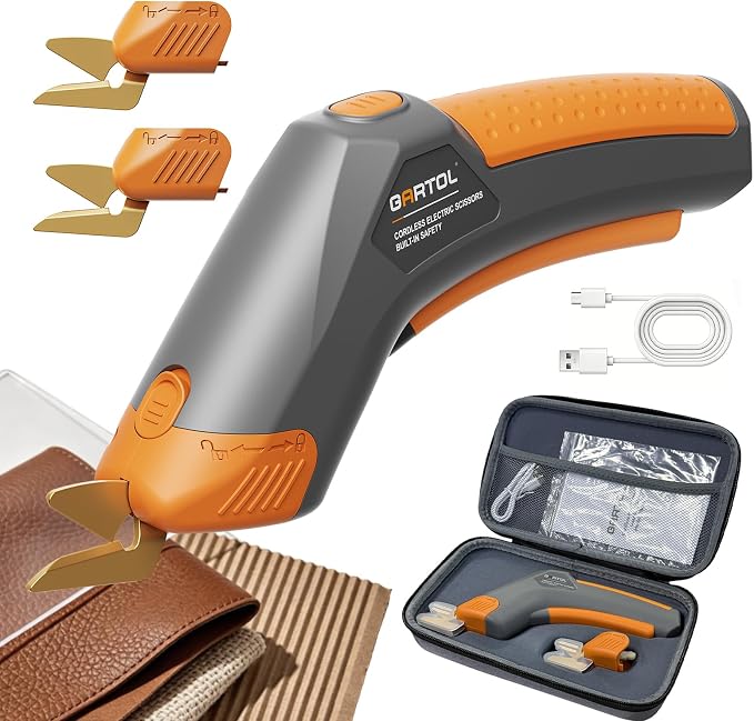 GARTOL Cordless Electric Scissors for Arthritis Hands, 4V Rechargeable Cardboard Cutter with 2 Blades & Storage Bag, Type-C Electric Box Cutter for Fabric, Crafts, Leather, Carpet, 2000mAh